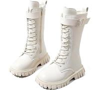 LABLADUO Boots for women, Combat Boots For Girl Leather Lace-Up Mid Calf Riding Boots Side Zipper With Ankle Belt Buckle Punk Goth Lug Sole Boot 4-11 Years(Bianco,10)