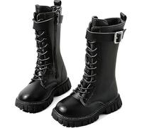 LABLADUO Boots for women, Combat Boots For Girl Leather Lace-Up Mid Calf Riding Boots Side Zipper With Ankle Belt Buckle Punk Goth Lug Sole Boot 4-11 Years(Black,11)