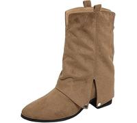 LABLADUO Boots for women, Suede Cowboy Boots For Women Fold Over Mid Calf Pointed Toe Chunky Heel Slouchy Booties For Dressy Fall Casual Daily Prom(Brown,7)