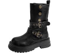 LABLADUO Boots for women, Womens Platform Side Buckle Mid-Calf Boots Fashion Side Buckle Round Toe Lug Thick Sole Mid Top Moto Combat Boots For Dressy Work Daily Office Walking(Black,6)