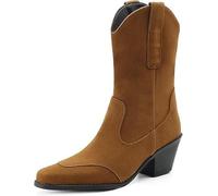 LABLADUO Boots for women, Womens Suede Cowboy Boots Fashion Square Toe Mid-Calf Western Boots Stable Chunky Heel Cowgirl Booties Dressy Pull On Wide Calf Fashion(Brown,6)