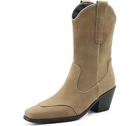 LABLADUO Boots for women, Womens Suede Cowboy Boots Fashion Square Toe Mid-Calf Western Boots Stable Chunky Heel Cowgirl Booties Dressy Pull On Wide Calf Fashion(Beige,11)