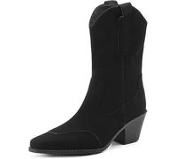 LABLADUO Boots for women, Womens Suede Cowboy Boots Fashion Square Toe Mid-Calf Western Boots Stable Chunky Heel Cowgirl Booties Dressy Pull On Wide Calf Fashion(Black,11)