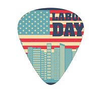 Labour Day Guitar Picks Picks 12 Pack with Thin Box,Grungy Pattern of Geometric Buildings and Flag,Special Guitar Plectrums Gift Set for Guitarist