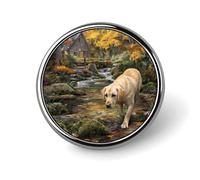 Labrador Dog Walking in The Forests Novelty Brooches & Pins Round Personalised Metal Lapel Badge With Butterfly Clutch Clasp
