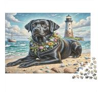 Labrador Retriever 1000 Piece Jigsaw Puzzle Premium Cardboard Black Lab at Lighthouse Beach Unique Christmas Birthday Gift Puzzle Enthusiasts Adults Premium Quality Solo Play Activity 70x50cm/1000pcs