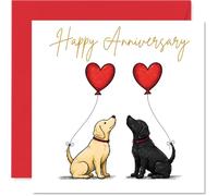 Labrador Retriever Anniversary Card - Two Pups Floating on Heart Balloons - Whimsical Dog Illustration in Red, Black and Cream - 145mm Square, Envelope Included