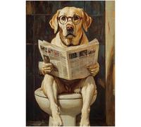 Labrador Retriever on Toilet Jigsaw Puzzle 1000 Pieces for Adults - Quirky Dog Reading Newpaper with Glasses - Dog Bathroom Decor Puzzles