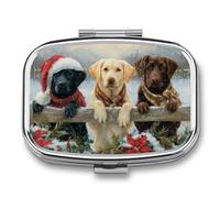 Labrador Retrievers Wooden Fence Snowy Winter Pill Box 2 Compartment Portable Medicine Pill Case Travel Pill Organizer for Pocket Purse