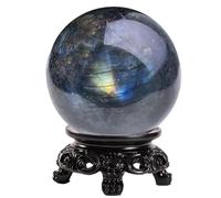 Labradorite Ball Crystal Sphere with Wood Stand,Gemstone Sphere Ball Sculpture Figurine for Fengshui Divination Home Decoration,3.1"(8cm)