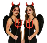 labreeze 2x Adult Black Angel Feather Wings, Devil Fork 103cm & Devil Horns with Fur Headband Set - Halloween Fancy Dress Costume Accessories for Couples