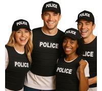 labreeze 4 x Adult Police Costume Sets - Black Police Vests & Matching Baseball Hats for Fancy Dress, Stag Nights, Halloween, Group Costumes & Themed Parties - Law Enforcement Outfit Set