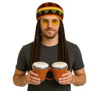 labreeze Adult Deluxe Jamaican Rasta Hat with Dreadlocks, Inflatable Bongo Drums & Yellow Round Glasses Set - Reggae Fancy Dress Accessories for Men - Festival Party Costume Kit