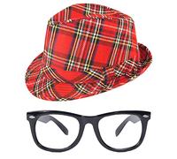 labreeze Adult Tartan Trilby Hat with Geek Glasses Scottish Burns Night out Fancy Dress Set