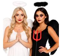 labreeze Adult White & Black Angel Wings with Matching Halos and Devil Fork 103cm - Women’s Halloween Fancy Dress Costume Accessory Set