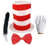 labreeze Adults Cat in the Hat Red White Tall Hat Bow Tie White Short Gloves Cat Tail World Book Day Character Dr Suess Fancy Dress
