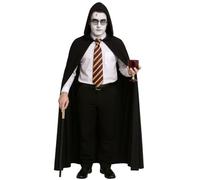 labreeze Adults Deluxe Long Black Cape with Hood, Face Paint, Pimp Stick with Gold Top, Wizard School Tie & Wizard Boy Glasses - Halloween Fancy Dress Wizard & Magician Costume Set for Men & Women