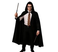 labreeze Adults Deluxe Long Black Cape with Hood, Wizard Boy Glasses, Magic Wand & Wizard School Tie Set - Halloween Fancy Dress Wizard Costume for Men & Women