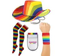 labreeze Adults Rainbow Cowboy Hat Bow Tie Fan Brush Socks Wristband Gay Pride Costume