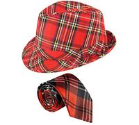 labreeze Adults Scottish Tartan Trilby Hat with Red Tartan Tie Burns Night Fancy Dress