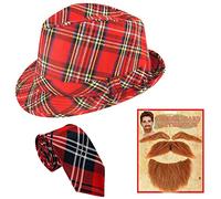 labreeze Adults Tartan Trilby Hat Neck Tie Ginger Beard Moustache Eyebrow Burns Night Fancy Dress