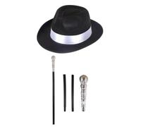 labreeze Black Al Capone Gangster Hat & Pimp Stick with Silver Top (3-Piece Set) - 1920s Mobster Costume Accessories, Fancy Dress Props for Halloween, Great Gatsby & Themed Parties