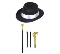 labreeze Black Al Capone Gangster Hat & Snake Head Sceptre (3-Piece Set) - 1920s Mobster Fancy Dress Accessories, Vintage Costume Props for Halloween, Great Gatsby & Themed Events