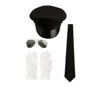 labreeze Black Chauffeur Hat, Aviator Sunglasses, White Short Gloves & Black Tie Set - Driver Costume Accessories for Men & Women