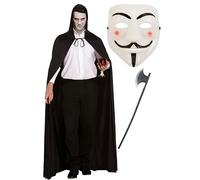labreeze Black Hooded Cape V for Vendetta Mask Plastic Axe Halloween Scary vendetta Fancy Dress Set