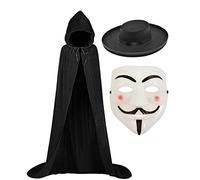 labreeze Black Hooded Velvet Cape Bandit Hat Vendetta Mask Super Hero Halloween Fancy Dress