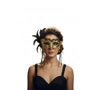 labreeze Black Metallic Masquerade Mask with Feather, Gold and Black Design for New Year's Eve Party, Elegant Venetian Style Costume Accessory