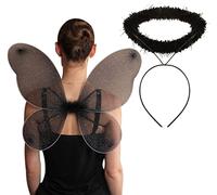 labreeze Black Net Fairy Wings with Silver Glitter Angel Halo Halloween Dress Up Party Accessory