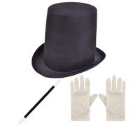 labreeze Black Satin Top Hat with Magic Wand (26.5cm) and White Gloves - Magician Costume Accessory Set