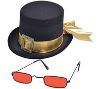 labreeze Black Top Hat with Gold Buckle Glasses Halloween Vampire Dracula Party Set