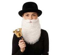 labreeze Black Velour Bowler Hat with Santa Beard & Gold Hand-Held Bell - Women’s Christmas Fancy Dress Accessories for Xmas Parties, Office Celebrations, Secret Santa & Holiday Events