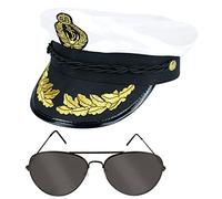 labreeze Captain Satin Hat White with Pop Icon Glasses Navy Captain Sailor Fancy Dress Costume