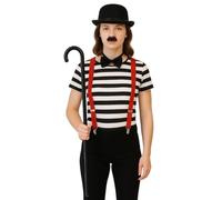 labreeze Charlie Chaplin Costume Accessory Set - Bowler Hat, Black Bow Tie, Red Braces, Cane Stick & Moustache - 1920s Comedy Fancy Dress Kit for Adults, Theatre, Cosplay & Vintage Parties