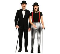 labreeze Charlie Chaplin-Inspired Couples Fancy Dress Set - 2 Bowler Hats, 2 Bow Ties, Red Braces, 2 Cane Sticks & 2 Moustaches - Classic Comedy Costume Kit for Adults & Themed Parties