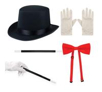 labreeze Classic Magician Costume Set - Black Top Hat, Red Bow Tie, White Gloves & Magic Wand - kids World Book Day & Dress-Up