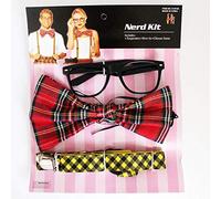 labreeze Geek Nerd Kit Schoolgirl Tartan Bow Tie Braces & Glasses Fancy Dress Party Set