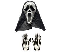 labreeze Ghost Killer Hooded Scream Mask Adults Skeleton Gloves Bone Print Halloween Horror Day of Dead Fancy Dress Set