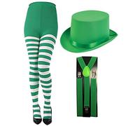 labreeze Green Satin Top Hat Braces Suspenders White Green Stripy Legging St Patrick’s Day Fancy Dress Costume
