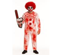 labreeze Halloween Horror Clown Costume Set with Chainsaw Prop, Blood Red and White Jumpsuit, Includes Red Wig and Fake Blood for Dress Up