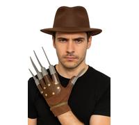 labreeze Halloween Horror Movie Costume Set, Brown Fedora Hat with Metal Claw Gloves, Classic Nightmare Character Accessories for Adults