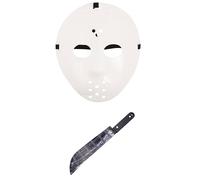 labreeze Hockey Face Mask White Plastic Fake Blooded Machete 50Cm Prop Halloween Horror Style Fancy Dress Costume Set
