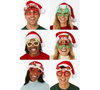 labreeze Holiday Christmas Novelty Glasses Set, Santa Hat with Glitter Frames, 6 Pack Party Accessories, Red and Green Festive Decorative Eyewear