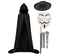 labreeze Hooded Velvet Cape Bandit Hat Vendetta Mask Silver Cane Halloween Super Hero Costume