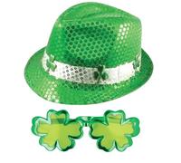 labreeze Irish Shamrock Sequin Gangster Hat for Adults - St. Patrick’s Day Green Sequin Hat with Giant Novelty Irish Glasses (28cm) - Fun Irish Fancy Dress Costume Accessories