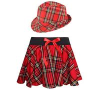 labreeze Ladies School Girl Elastic Waistband Tartan Skirt with Bow Trilby Hat 2 Pcs Fancy Dress Set (SM)