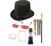 labreeze Lincoln Hat Dracula Glasses Gold Cane Fanged Teeth Fake Blood Halloween Horror Vampire Set